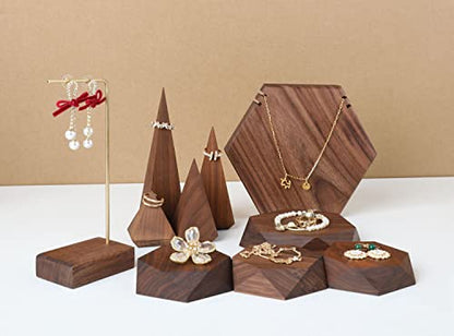 2pcs Wooden Jewelry display tray, Hexagon jewelry display riser, Jewelry retail shop photography props【Walnut Hexagon tray-2pcs】