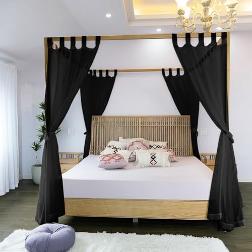 Linentalks Black Canopy Bed Curtains - 8 Panels Set with Tiebacks, Easy Open & Close Tabs, Quick Install for 4 Poster Bed or Queen Bed Frames, Romantic Touch for Bedrooms, Canopy Bed Curtains Queen - color: Black