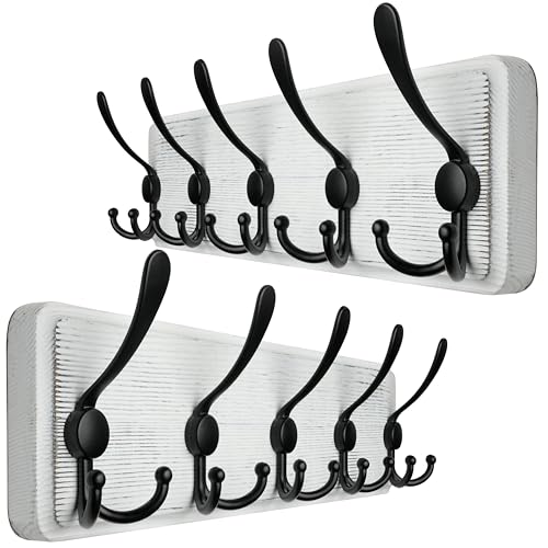 WEBI Coat Rack Wall Mount,Wood Coat Hooks Wall Mounted Coat Hanger,16" Hole to Hole,Wall Hook Rack Rail,5 Triple Hooks for Hanging Coats,Clothes,Jacket,Hats,Entryway,Black/White,2 Packs - color: White, size: 5 Hooks(2 Packs)