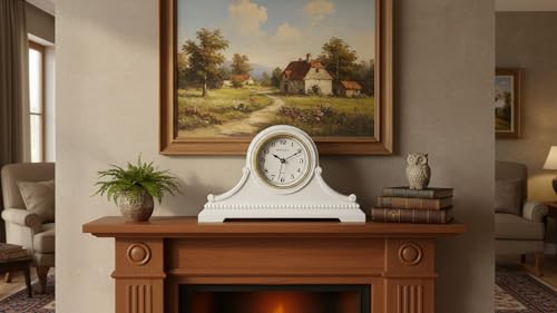 Mantel Clocks, Battery Operated, Silent Wood Table Clock with Westminster Chimes On The Hour, Solid Wooden Shelf Chiming Mantle Clock, 9" x 16" x 3" (White - Arabic Numerals) - color: White