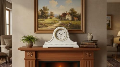 Mantel Clocks, Battery Operated, Silent Wood Table Clock with Westminster Chimes On The Hour, Solid Wooden Shelf Chiming Mantle Clock, 9" x 16" x 3" (White - Arabic Numerals) - color: White