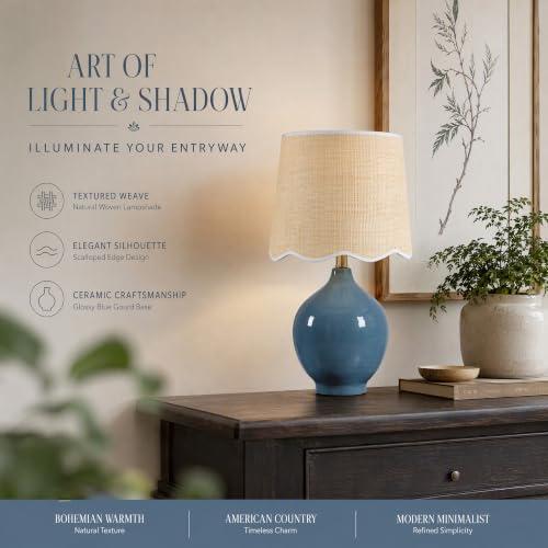 21"H Slate Blue Ceramic Table Lamp with Beige Faux Rattan Drum Shade - color: Slate Blue