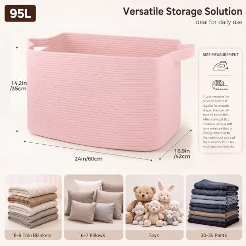 OIASKET 95L Extra Large Blanket Basket, 24" x 16.9" x 14.2" Woven Basket - color: Pink, size: 24"x16.9"x14.2"