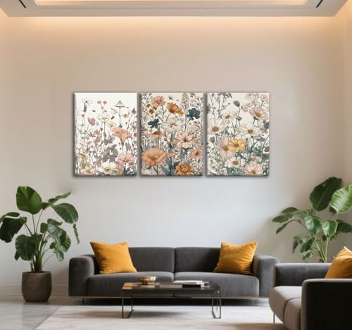 CHTEXA Boho Wildflower Canvas Wall Art, 3 Piece Gallery Wrapped Set, 12x16 - color: plants and flowers-2, size: 12x16 inch