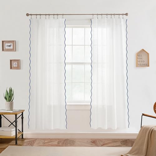 DriftAway Semi Sheer Scalloped Edge White Coastal Beach Window Curtains for Living Room Bedroom 2 Panels Rod Pocket Each Size 52 Inch by 72 Inch Navy - color: White Navy, size: 52"W x 72"L (Pack of 2)