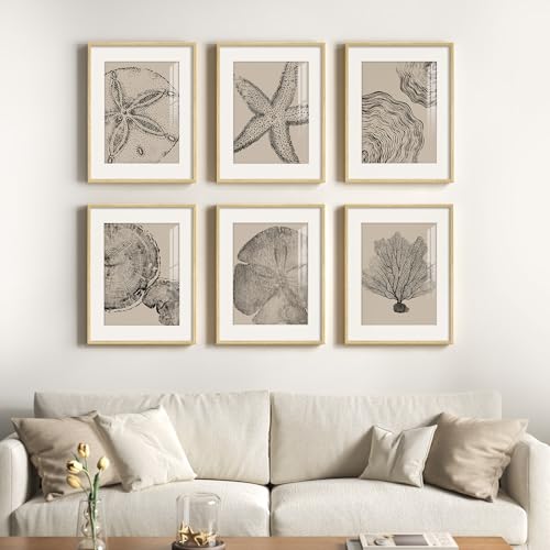 Framed Black and Beige Neutral Abstract Wall Art for Living Room, 6 Piece - color: Coastal & Tree Ring