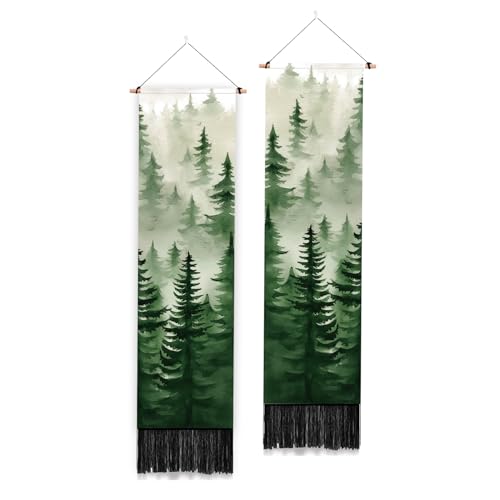 PLIGREAT 2 Pack Fog Forest Wall Tapestry, Green Tree Wall Hanging with Tassels Mountain Landscape Aesthetic Vertical Tapestry for Bedroom Living Room Home Decorations, 52 x 13 Inch - color: green,white