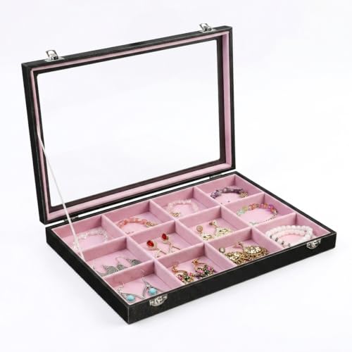 Stratalife 12 Grid Bracelet Jewelry Box, Bangle Holder Organizer with Lid - color: Pink-Black, size: 12 Grid