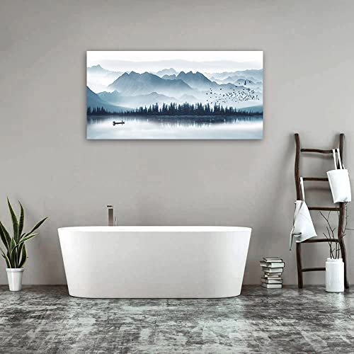 Misty Mountain Canvas Wall Art Indigo Foggy Lake Boat Prints, 20"x40" - color: Indigo Mountain Lake, size: 40"L x 20"W