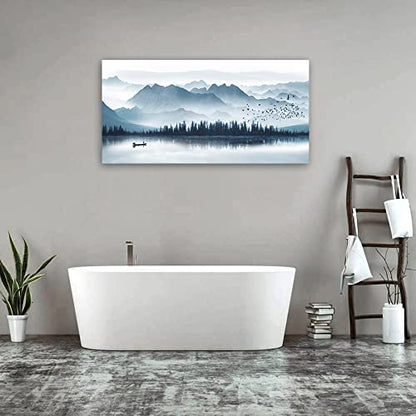 Misty Mountain Canvas Wall Art Indigo Foggy Lake Boat Prints, 20"x40" - color: Indigo Mountain Lake, size: 40"L x 20"W