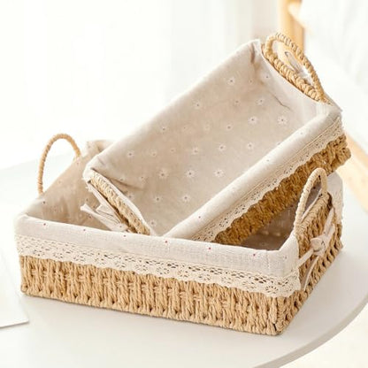 GIB Small Wicker Woven Storage Baskets for Organizing with Handle and Liner - color: Beige-Rectangluar