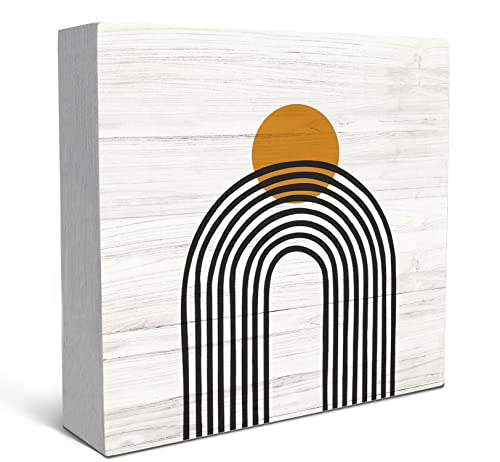 SRADMO Boho Sun Rainbow Abstract Geometric Balance Arch Shapes Wood Box Sign Desk Decor, Boho Mid Century Modern Art Wooden Block Box Sign Decoration For Home Office Shelf Table Decor - color: white