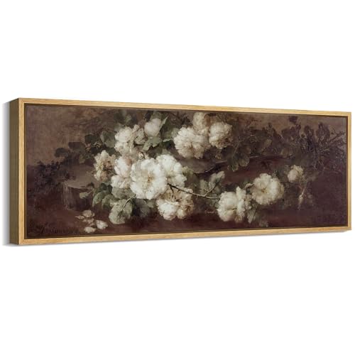 MUDECOR Large Framed Canvas Print Wall Art Romantic White Roses Vintage Floral Nature Wilderness Antique Retro Fine Art Illustrations Decorative Colorful Multicolor for Bedroom - 60"x20" - color: A01-2401-irs38, size: 60"L x 20"W