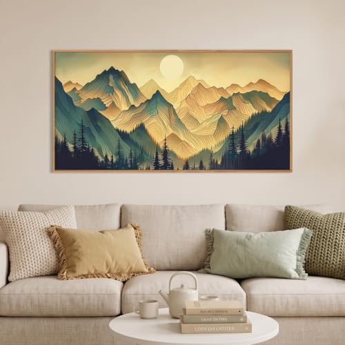 Boho Green Mountain Landscape Framed Canvas Wall Art Set,Abstract Sun Forest Scenery Wall Decor,Bohemian Ridge Lines Pine Tree Artwork for Living Room,Bedroom,Dining Room,Office-40 x20 x1 - color: Boho Scenery Wall Art, size: 40"L x 20"W