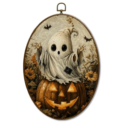 JQF Halloween Pumpkin Witchy Ghost Oval Wall Decor Framed 8.5x11.5 Inch - color: fall ghost-1