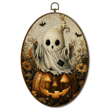 JQF Halloween Pumpkin Witchy Ghost Oval Wall Decor Framed 8.5x11.5 Inch - color: fall ghost-1