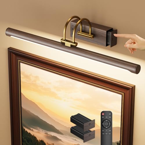 23.6″ Picture Light, Battery Operated Wireless Rechargeable Wall Light with Remote, Dimmable LED Art Light with Timer, Adjustable Design, Wood Grain Finish for Frames, Paintings and Bedroom Wall Decor - color: Battery Operated-Wood Grain, size: 23.6 Inch