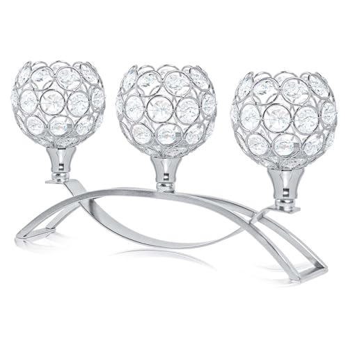 Crystal Tealight Candle Holder Centerpiece Home Decorative Candlestick Holder Elegant Table Centerpiece Home Decor Wedding Party Anniversary (Silver, 3 Arm) - color: Silver, size: 1 Piece