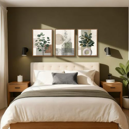 3 Pcs Framed Sage Green Boho Botanical Neutral Abstract Canvas Wall Art - color: Eucalyptus Bamboo Plant, size: 16"x24"x3Pcs