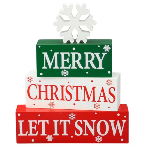 4 Pcs Merry Christmas Wooden Tabletop Decor Let It Snow Table Centerpiece Snowflake Table Sign Xmas Tiered Tray Decor Red Green Wood Block for Xmas Holiday Home Office Kitchen Desk Shelf Decors