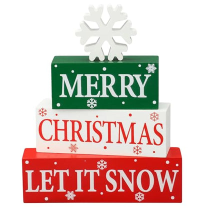 4 Pcs Merry Christmas Wooden Tabletop Decor Let It Snow Table Centerpiece Snowflake Table Sign Xmas Tiered Tray Decor Red Green Wood Block for Xmas Holiday Home Office Kitchen Desk Shelf Decors