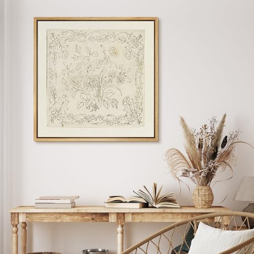 MUDECOR Framed Canvas Print Wall Art Vintage Rose Floral Sketch Neutral Botanical Line Illustrations Modern Art Group Colorful for Living Room, Bedroom, Office - 16"x16" NATURAL - color: B09-2604-M14, size: 16"L x 16"W