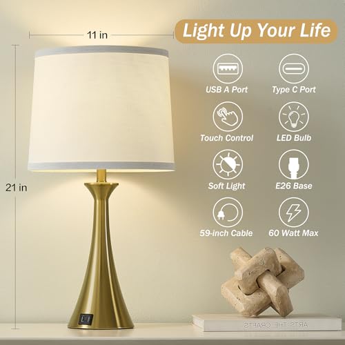 Touch Table Lamps Set of 2, 21" Bedside Lamps with USB C+A - color: Gold & White Shade