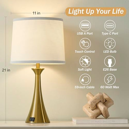 Touch Table Lamps Set of 2, 21" Bedside Lamps with USB C+A - color: Gold & White Shade