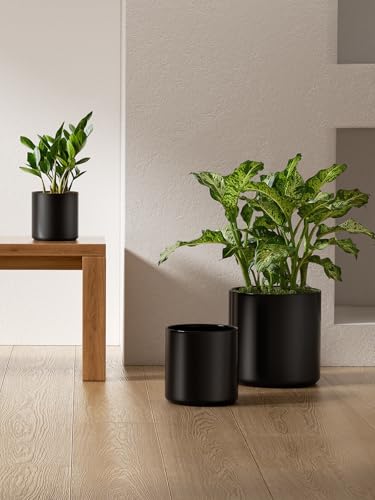 LE TAUCI 10+8+6 Inch Ceramic Pots for Plants, Indoor Planters with Drainage Hole and Plug, Modern Cylinder Flower Pots Set of 3 for Office and Living Room, Satin, Black - color: Black