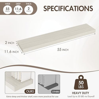 Acovy 55 Inch Floating Shelves, 12" Deep Floating Shelf Wall Mounted, 55" Wall Shelves, Rustic Deep Bookshelf, Extra Deeper & Thicker Display Shelves for Bedroom, Living Room, Set of 1 - color: Grey, size: 12"Wx55"L-1pc
