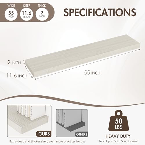 Acovy 55 Inch Floating Shelves, 12" Deep Floating Shelf Wall Mounted, 55" Wall Shelves, Rustic Deep Bookshelf, Extra Deeper & Thicker Display Shelves for Bedroom, Living Room, Gray, Set of 2 - color: Grey, size: 12"Wx55"L-2pcs