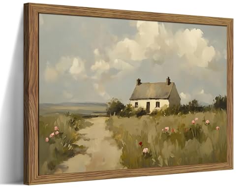 Vintage Wall Art, Framed English Countryside Cottage Painting Print, Country Farmhouse Canvas Wall Art, Rustic Landscape Pictures Artwork Wall Decor for Bedroom Living Room – 8x10 inch - color: Country cabin, size: 10"L x 8"W