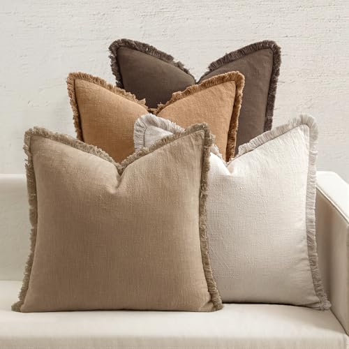 MIULEE Fall Linen Fringe Pillow Covers Set of 4 18x18 Neutral Brown - color: Neutral Brown, size: 18" x 18" (Pack of 4)