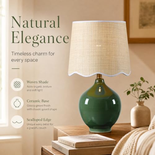 21"H Olive Green Ceramic Table Lamp with Beige Faux Rattan Drum Shade - color: Olive Green