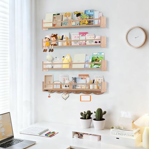 34Inch Nursery Book Shelves Wall Mounted, Floating Book Shelf for Kids Coat Rack with 6 Hooks, Wall Hanging Shelf for Baby Nursery Room Organizer ，Patent Number:US-D1058229-S(4, Burlywood) - color: Burlywood