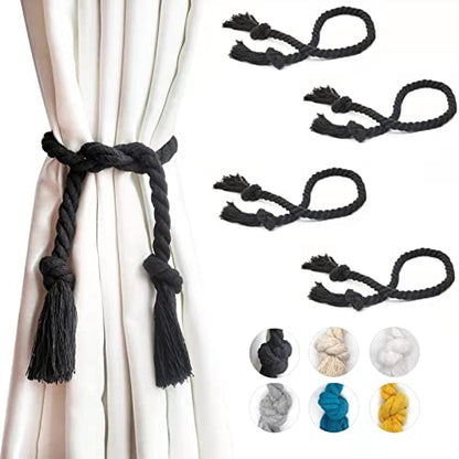 4 Pack Curtain Ties, Outdoor Curtain Tiebacks Rope for Patio Gazebo Pergola Cabana, Natural Cotton Curtain Holders, Village Rural Rustic Farmhouse Curtain Holdbacks for Drapery, Black - color: Black Rope 4 Pack