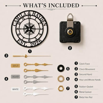Personalized Wall Clock, Custom Family Name Metal Clock, Compass Wall Decor - color: Design9