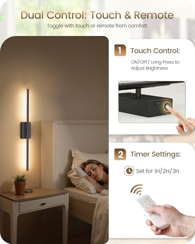 27.6" Wireless Wall Sconces Battery Operated Set of 2, Rechargeable Lamps with Remote, 360° Rotation, 10000mAh, Touch Dimmable Lights for Bedroom, Living Room, Hallway, Black B06YBP205 - color: Black, size: 27.6 Inches