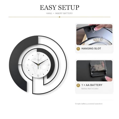 18-Inch Modern Black Metal Wall Clock, Marble Patterned Glass Dial - color: Black