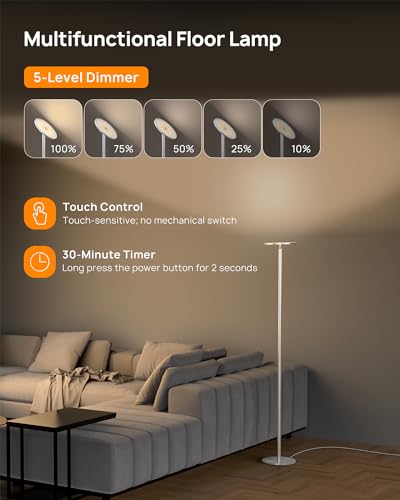 TROND Floor Lamp,5000LM Super Bright Sky LED Modern Torchiere Standing Lamp - color: Warm light Silver