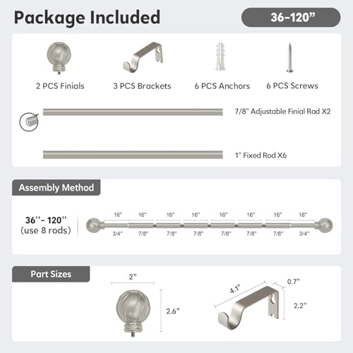 Silver Curtain Rods for Windows 66 to 120 Inch 7/8" Diameter Long - color: Silver, size: 36"-120"|1 Pack