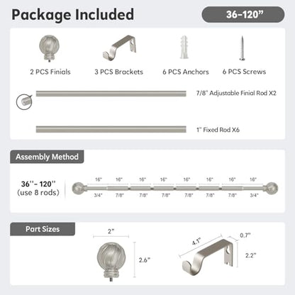 Silver Curtain Rods for Windows 66 to 120 Inch 7/8" Diameter Long - color: Silver, size: 36"-120"|1 Pack