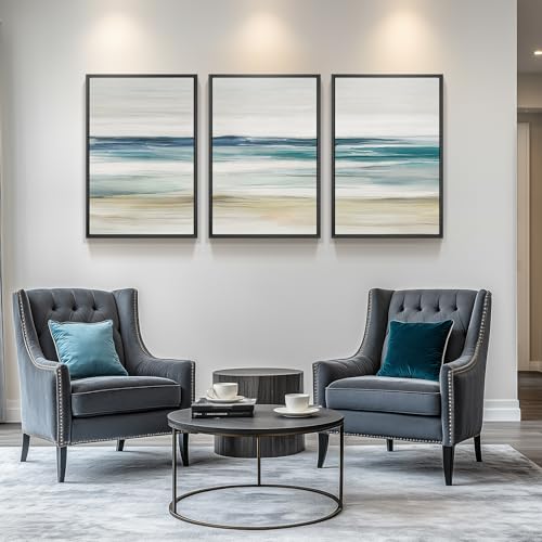Large Framed Blue Abstract Coastal Ocean Wall Art for Living Room, 24x36 In - color: 3 Piece-Abstract Coastal, size: 24" W x 36" H x 3Pcs