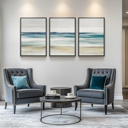 Large Framed Blue Abstract Coastal Ocean Wall Art for Living Room, 24x36 In - color: 3 Piece-Abstract Coastal, size: 24" W x 36" H x 3Pcs