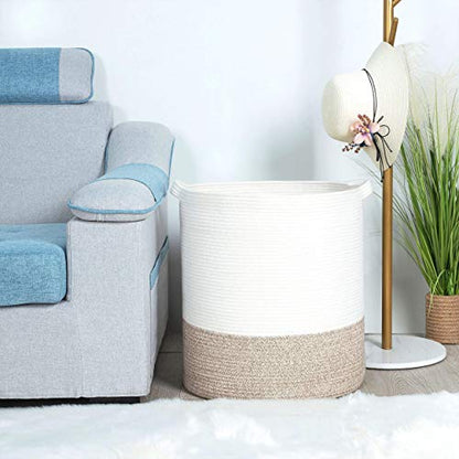 MINTWOOD Design 83L Extra Large 20x18 Inches Decorative Woven Cotton Rope Basket, Tall Laundry Basket Hamper, Blanket Basket for Living Room, Round Storage Baskets for Pillows, Towels, Light Brown