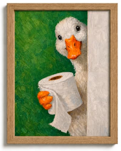 Framed Funny Duck with Toilet Paper Canvas Wall Art,Whimsical Animal Oil Painting,Bathroom Humor Print Wall Decor,Cute Duck Picture Poster,Charming Wildlife Artwork for Home Decoration - color: Funny Duck, size: 16"L x 12"W