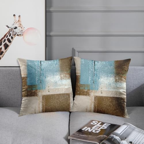 Britimes Throw Pillow Covers Set of 2, 16 x 16 Inch, Blue Beige Brown - color: Beige Blue, size: 16" x 16" (Pack of 2)