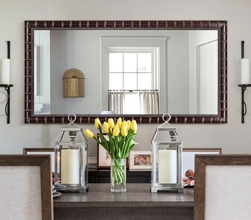 60'' x 30'' Large Brozne Mirror for Living Room, Antiuqe Wall Mirrors with Bamboo-Joint Frame, Classic Vintage Brozne Wooden Mirror for Entryway, Fireplace, Horizontal/Vertical - color: Bronze, size: 60"L x 30"W
