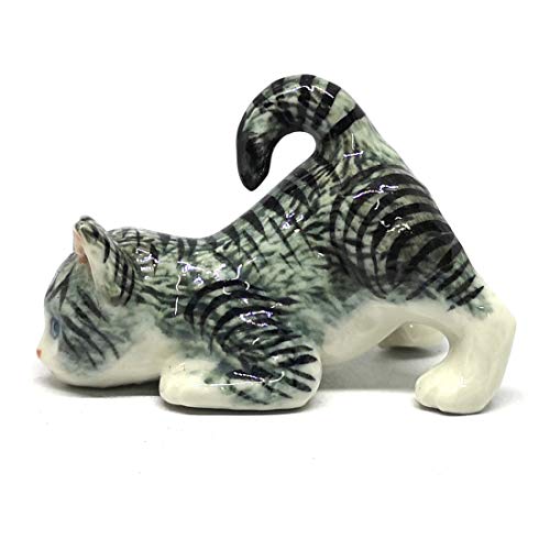 Handmade Ceramic Gray Miniature Tabby Cat Figurine, Shelf Decor