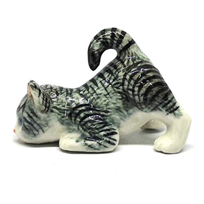 Handmade Ceramic Gray Miniature Tabby Cat Figurine, Shelf Decor